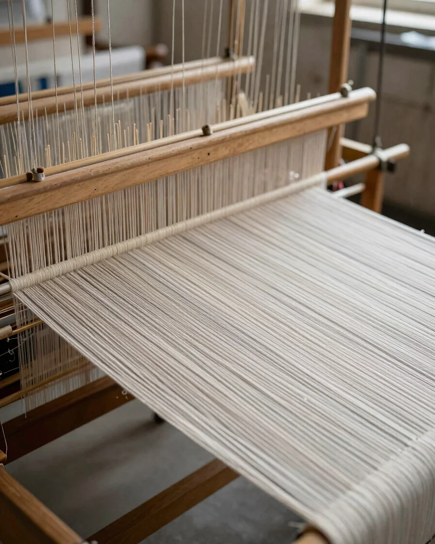 Close textile studio photograph of silk threads being fed onto a loom during an active weaving run, soft directional day
